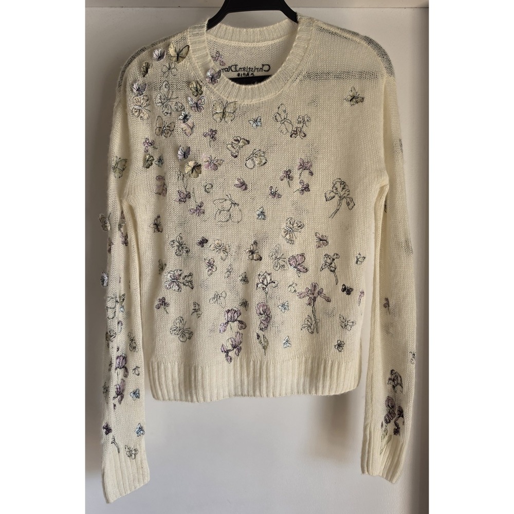 Christian Dior Sweater Size 38 Cream Floral Alpaca Silk Cashmere Butterfly 3D
